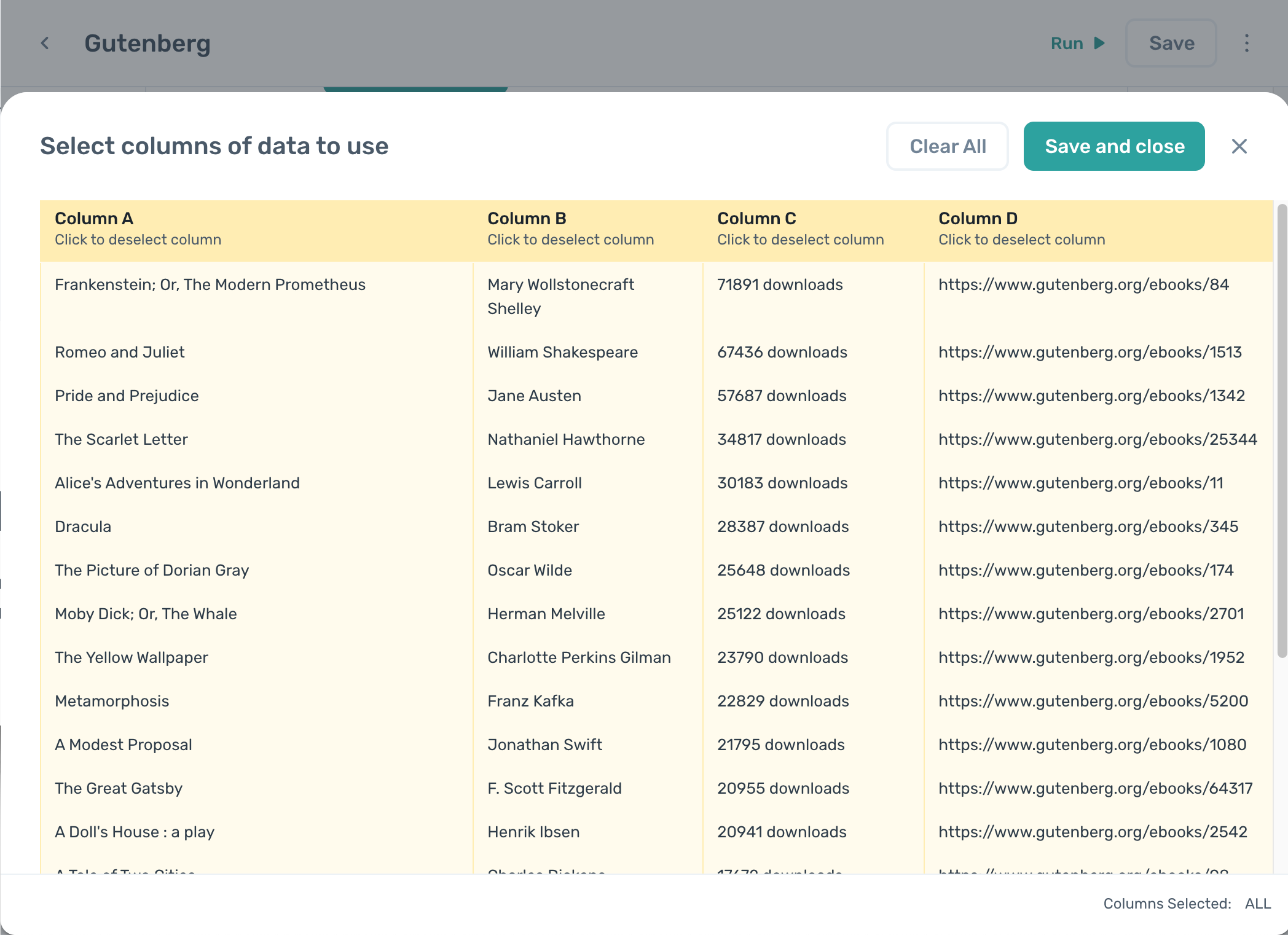 The column-picker window for selecting which columns of data to pass