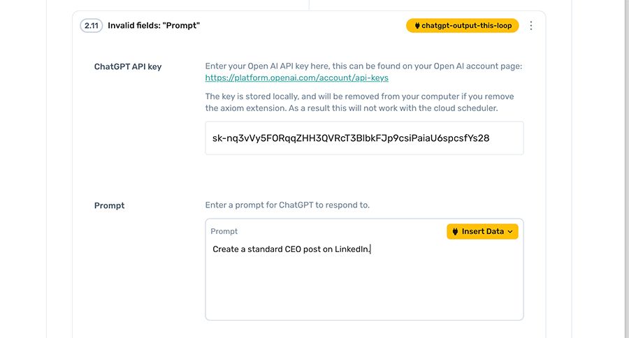 axiom.ai submit a prompt and get back text in ChatGPT