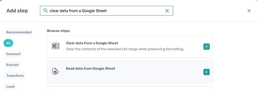 axiom.ai clear data from Google sheet