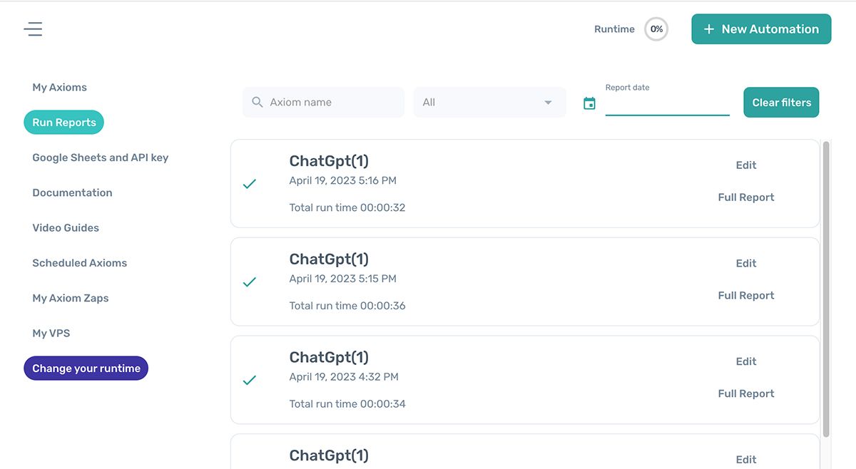 new report filtering in axiom.ai