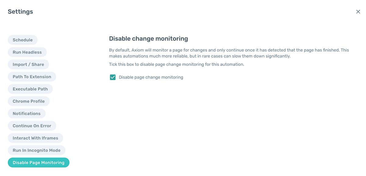 Disable page change monitoring in Axiom settings