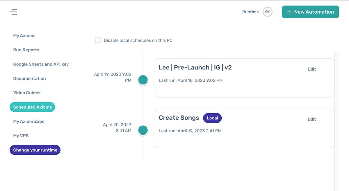new schedule bot page in axiom.ai