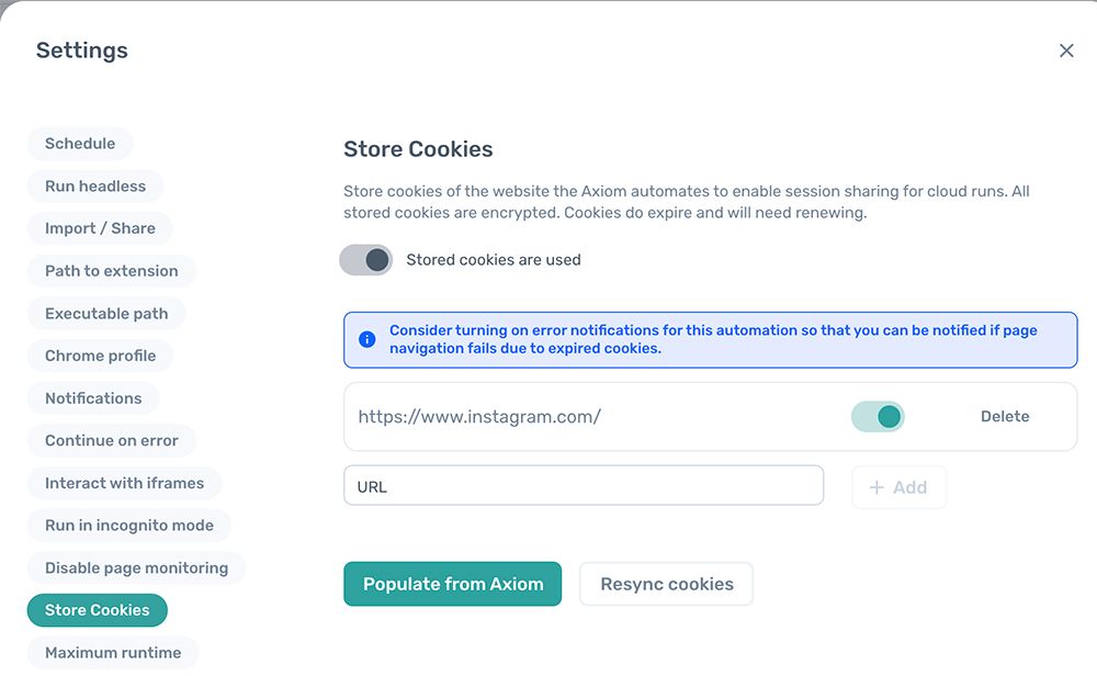 store cookies for use in the cloud - axiom.ai