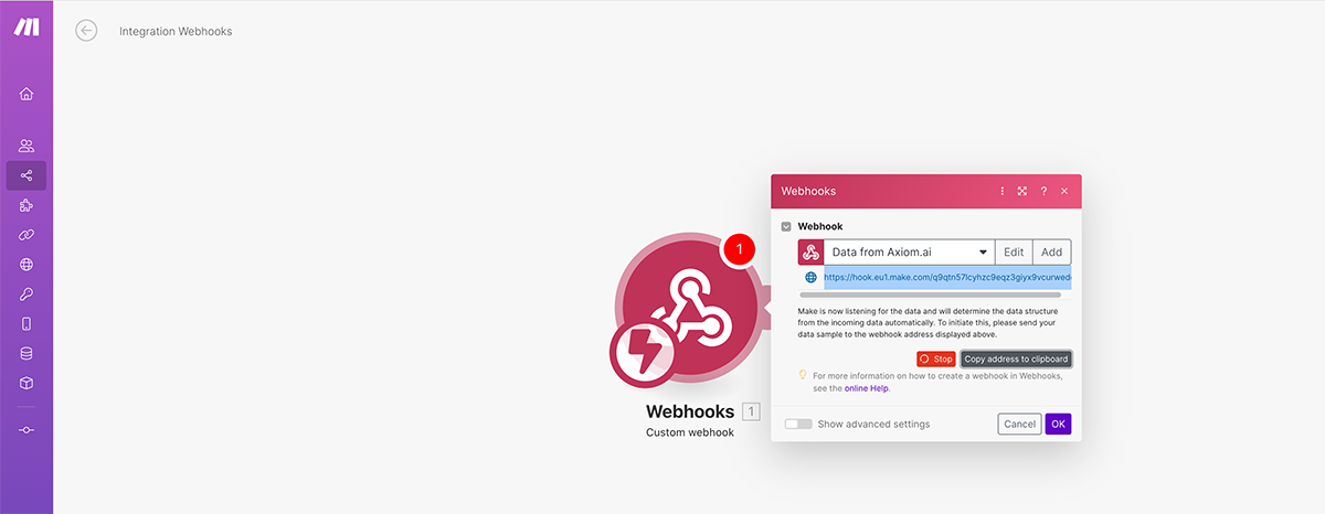 Listening for data webhook in Make