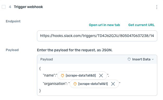 set up 'trigger webhook' step in axiom.ai to trigger a slack workflow using the slack workflow payload format