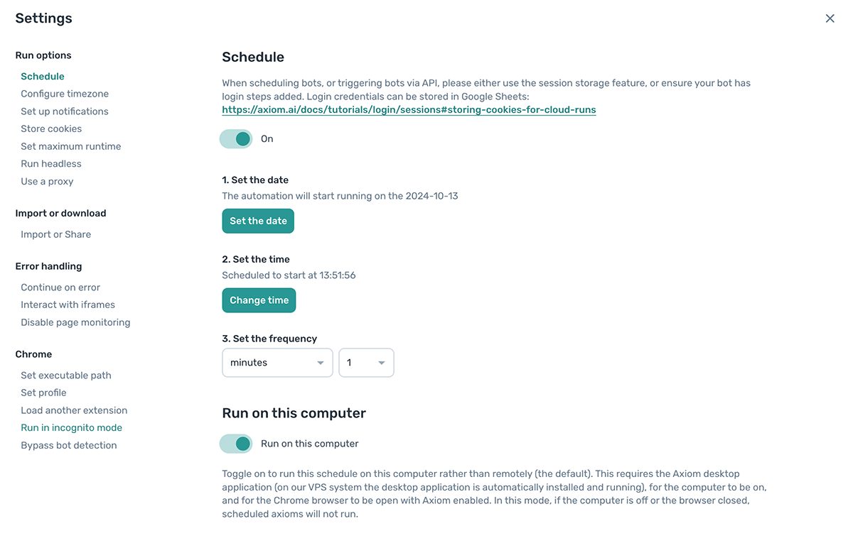 Axiom.ai schedule your bot run for every minute