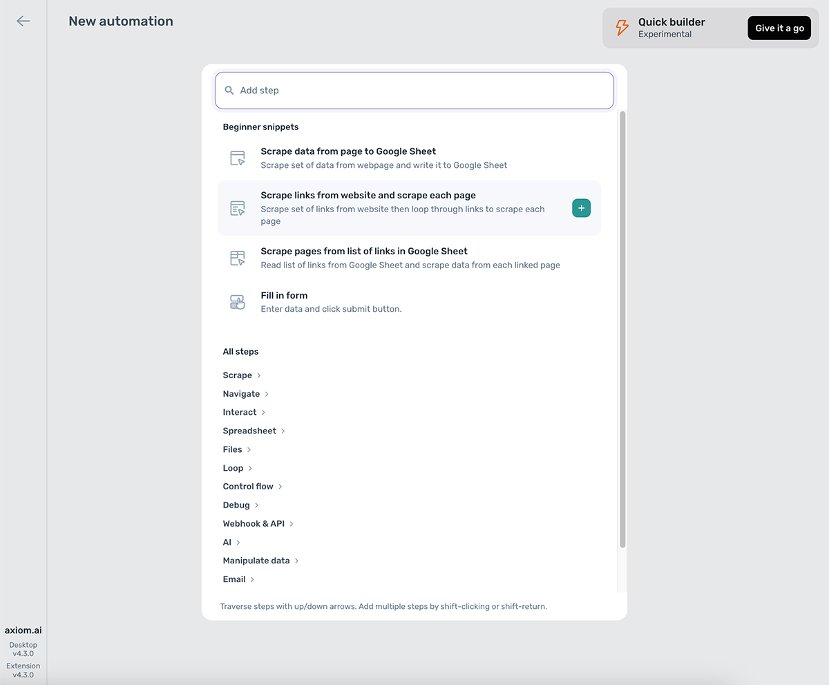 the step finder in axiom.ai's bot building tool