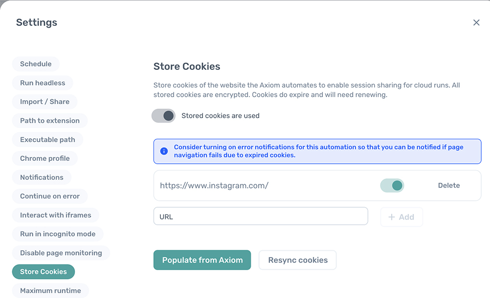 store cookies for use in the cloud - axiom.ai