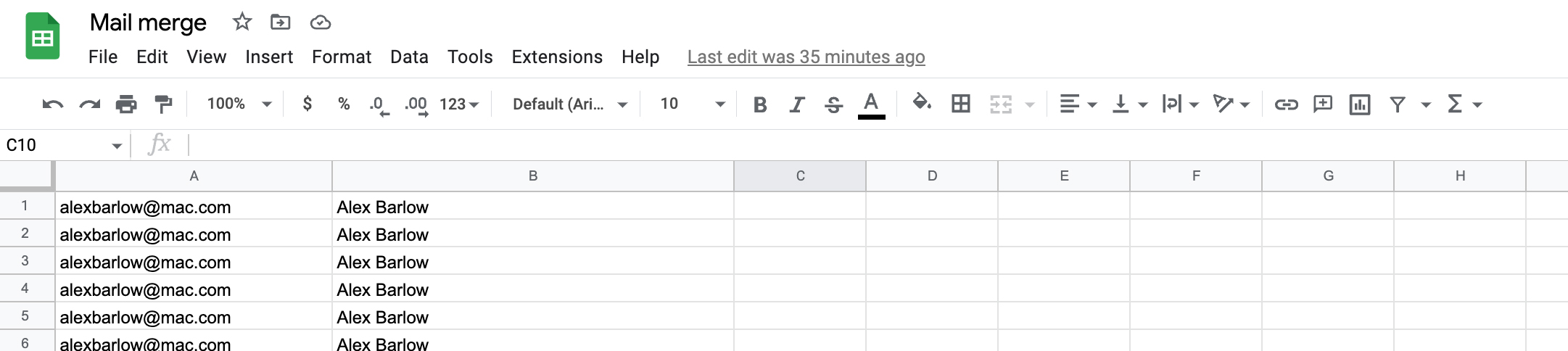 Google sheet for creating a mail merge