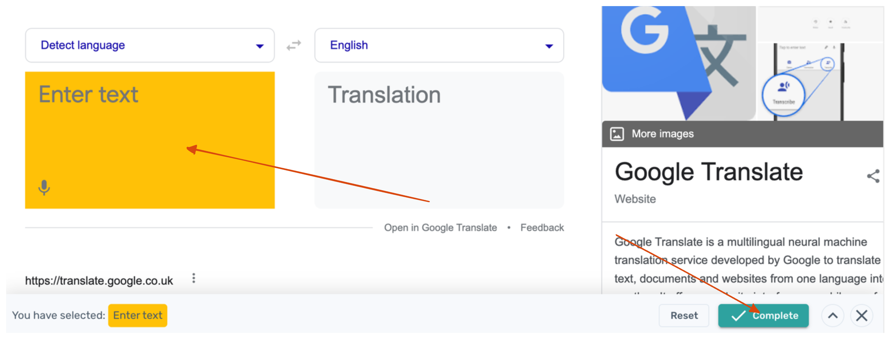 Enter the text to be tranlated into Google Translate